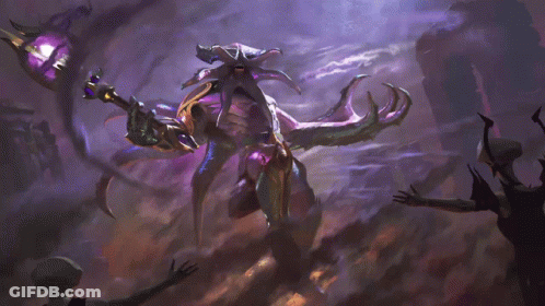 A Painting Of A Monster With Purple Horns And A Purple Staff GIF