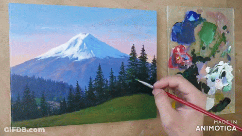 A Painting Of A Mountain And Trees Is Being Painted On A Canvas GIF