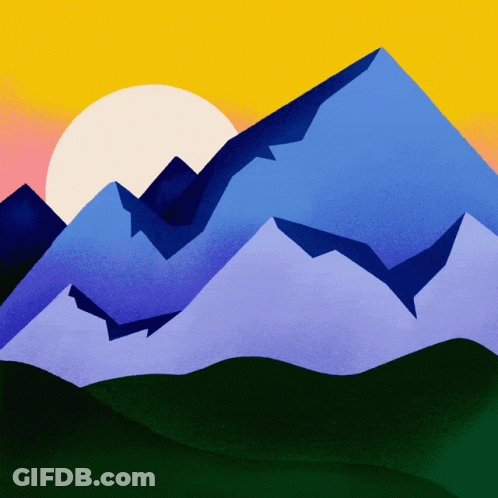 A Painting Of A Mountain Range With The Sun Shining Through The Mountains GIF