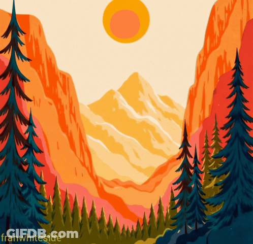 A Painting Of A Mountain Range With Trees In The Foreground And The Name Franwhiteside At The Bottom GIF