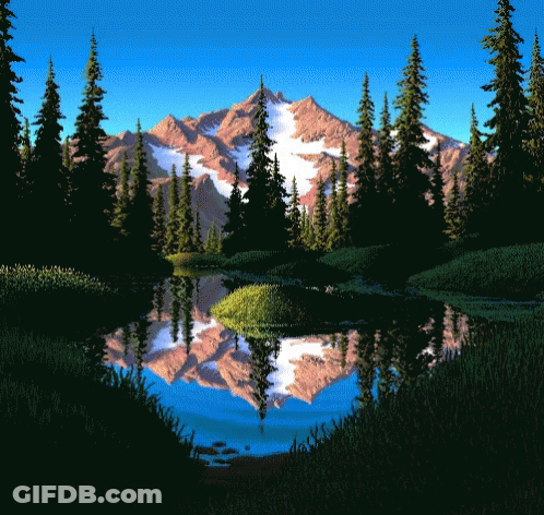 A Painting Of A Mountain Reflected In A Lake GIF
