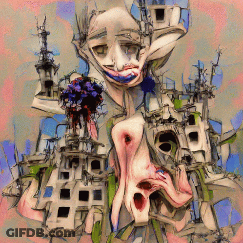 A Painting Of A Naked Woman Surrounded By Buildings And A Tower GIF