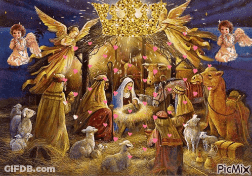 A Painting Of A Nativity Scene With Angels And Hearts Surrounding It GIF