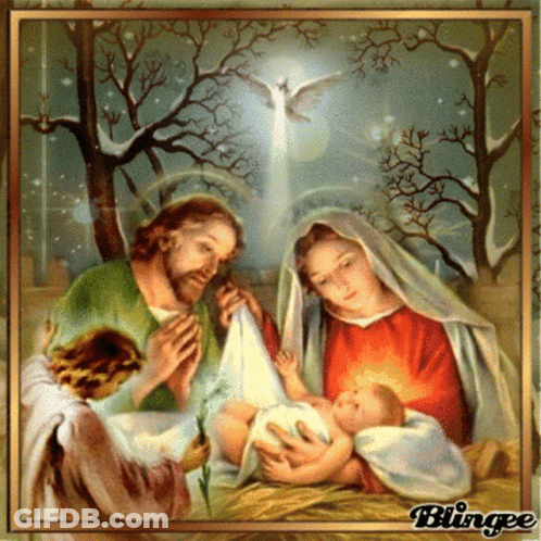 A Painting Of A Nativity Scene With The Word Blingee On The Bottom GIF