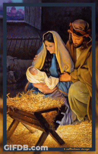 A Painting Of A Nativity Scene With The Words " B Collections Design " At The Bottom GIF
