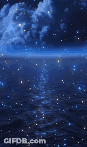 A Painting Of A Night Sky With Stars Over The Ocean By Geya Shivacova GIF