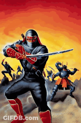 A Painting Of A Ninja Holding A Sword In Front Of A Group Of Samurai GIF