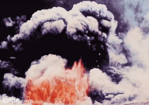 A Painting Of A Nuclear Explosion With Smoke And Fire GIF