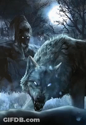 A Painting Of A Pack Of Wolves With Glowing Eyes GIF