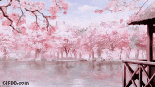 A Painting Of A Park With Cherry Blossom Trees And A Lake GIF