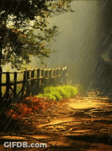 A Painting Of A Path In The Rain With A Wooden Fence In The Background GIF