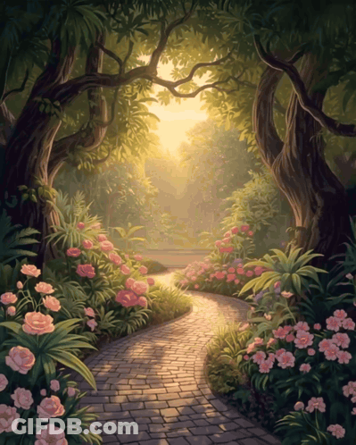 A Painting Of A Path Surrounded By Flowers And Trees With The Sun Shining Through The Trees GIF