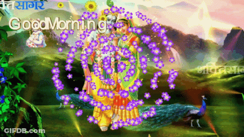 A Painting Of A Peacock And A Woman With Purple Flowers And The Words " Good Morning " GIF