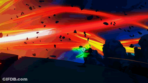 A Painting Of A Person Holding A Green Sword In Front Of A Red And Yellow Background GIF