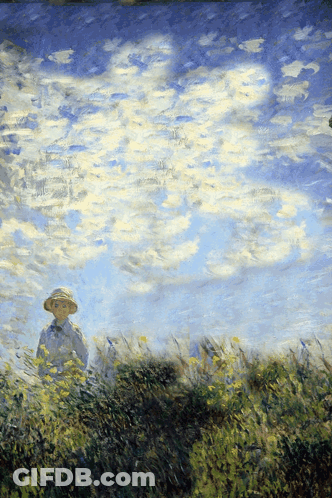 A Painting Of A Person In A Field With A Blue Sky GIF