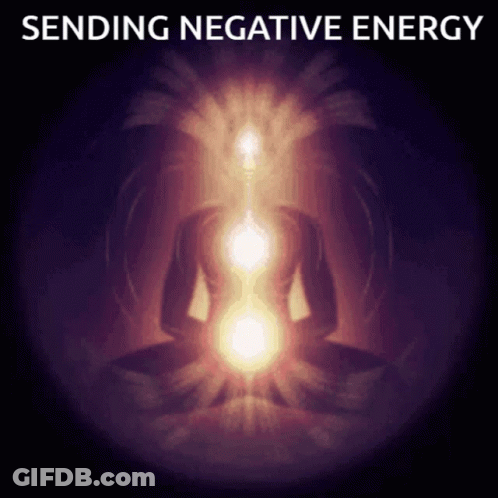 A Painting Of A Person In A Lotus Position With The Words " Sending Negative Energy " Above Them GIF