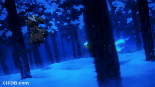 A Painting Of A Person In A Snowy Forest With Trees In The Background GIF