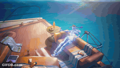 A Painting Of A Person Laying On A Couch In The Ocean GIF