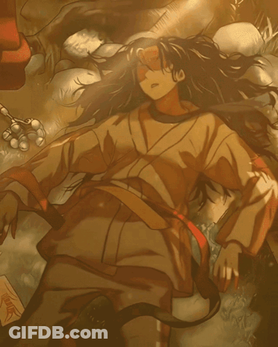 A Painting Of A Person Laying On The Ground With Chinese Writing On The Papers GIF