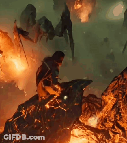 A Painting Of A Person Sitting On A Rock With A Fire Behind Them GIF