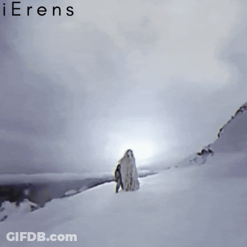 A Painting Of A Person Standing In The Snow With The Words Ierens On The Bottom GIF