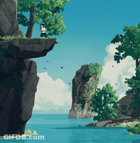 A Painting Of A Person Standing On A Cliff Overlooking The Ocean GIF