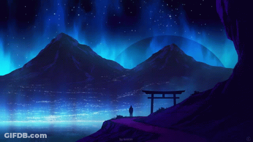 A Painting Of A Person Standing On A Hill Overlooking A Body Of Water GIF