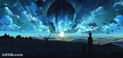 A Painting Of A Person Standing On Top Of A Hill With A Large Sphere In The Background GIF