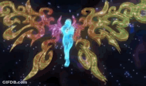 A Painting Of A Person Surrounded By Colorful Swirls In The Sky GIF