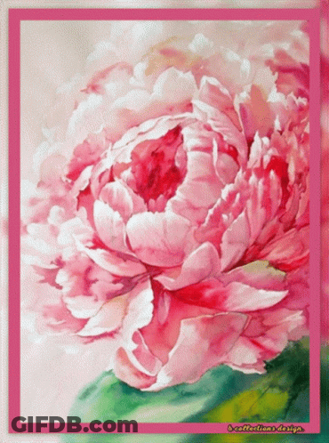 A Painting Of A Pink Flower With A Green Leaf And A Pink Frame GIF