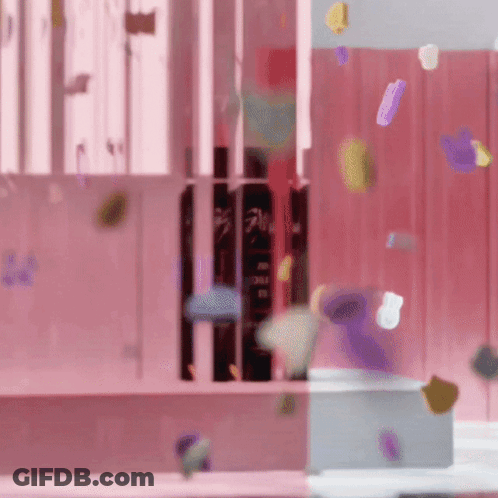 A Painting Of A Pink Room With A Few Objects Floating In It GIF