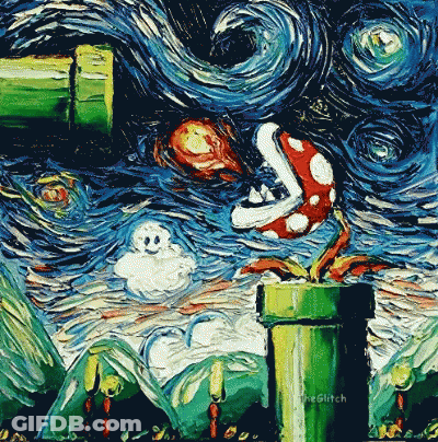 A Painting Of A Piranha Plant With The Words " The Glitch " On The Bottom Right GIF