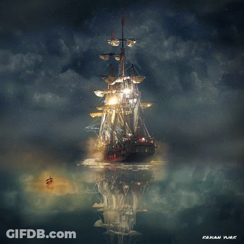 A Painting Of A Pirate Ship With The Name Erkan Yure On The Bottom GIF