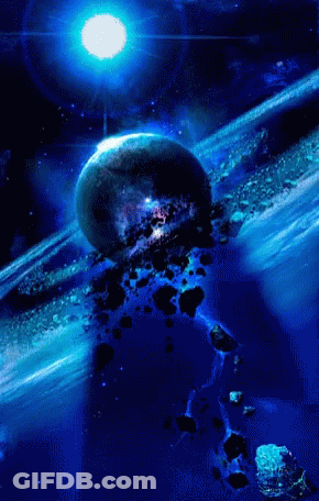 A Painting Of A Planet In Space With Asteroids Around It GIF