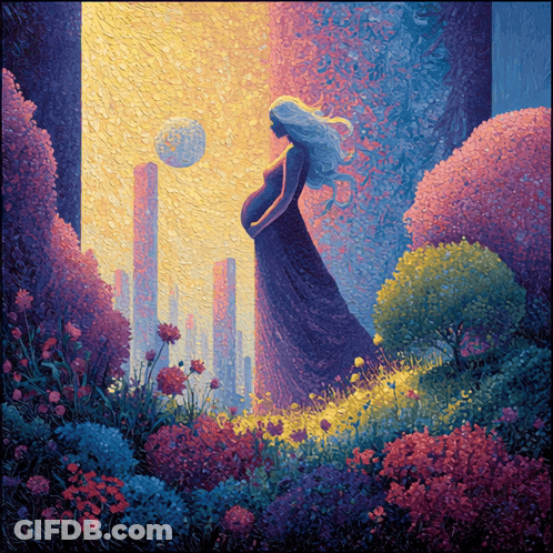 A Painting Of A Pregnant Woman Surrounded By Flowers And Trees GIF