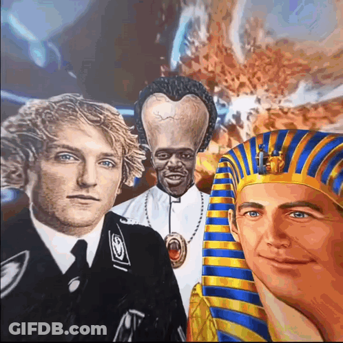 A Painting Of A Priest A Pharaoh And A Man With A Heart Shaped Head GIF