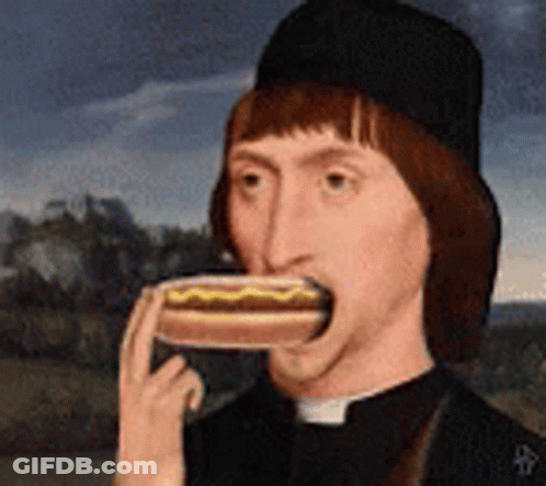 A Painting Of A Priest Eating A Hot Dog With Mustard On It . GIF