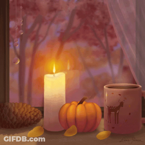 A Painting Of A Pumpkin A Candle And A Cup Of Coffee With A Deer On The Mug GIF