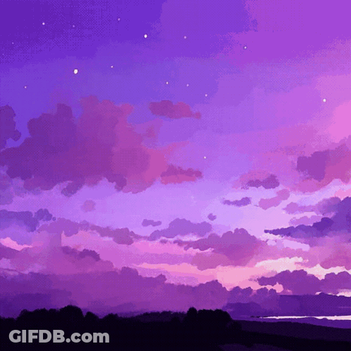A Painting Of A Purple Sky With Trees In The Foreground GIF