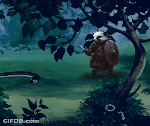 Painting Of Raccoon With Sword And Shield Next To Tree GIF