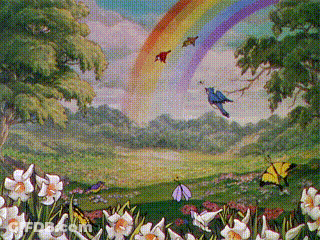 A Painting Of A Rainbow And Birds In A Field GIF