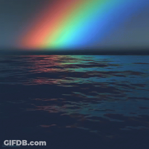A Painting Of A Rainbow Over A Body Of Water With The Name G / Trevecova On The Bottom GIF