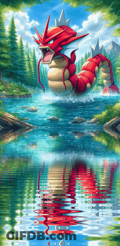 A Painting Of A Red Dragon Swimming In The Water GIF