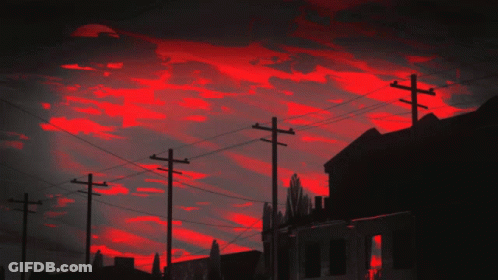 A Painting Of A Red Sky With Telephone Poles GIF