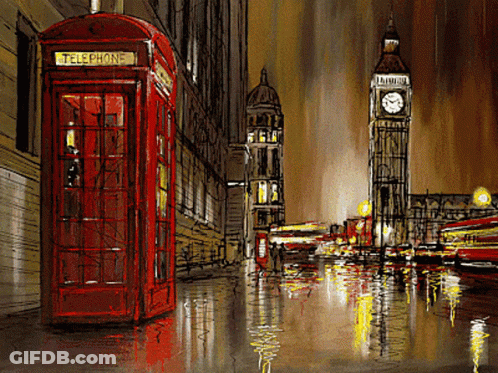 A Painting Of A Red Telephone Booth And Big Ben GIF