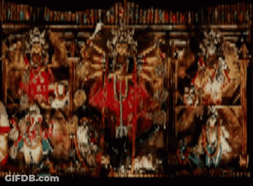 A Painting Of A Religious Scene With A Cross In The Middle Of It GIF