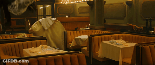 A Painting Of A Restaurant With Tables And Booths And A Few Birds Flying Around GIF