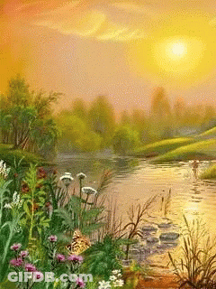 A Painting Of A River Surrounded By Flowers And Grass GIF