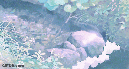 A Painting Of A River Surrounded By Flowers And Plants GIF