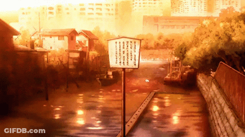 A Painting Of A River With A Sign In The Foreground That Says ' Tokyo ' On It GIF